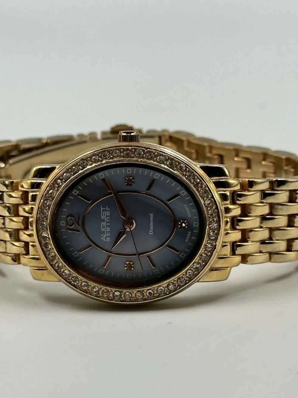 August Steiner Watch Women Gold Tone Blue Mother of Pearl Dial New Battery